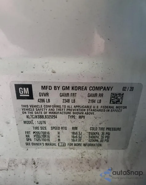 2020 Chevrolet Trax Ls z USA, uszkodzony, nr VIN KL7CJKSB8LB325294